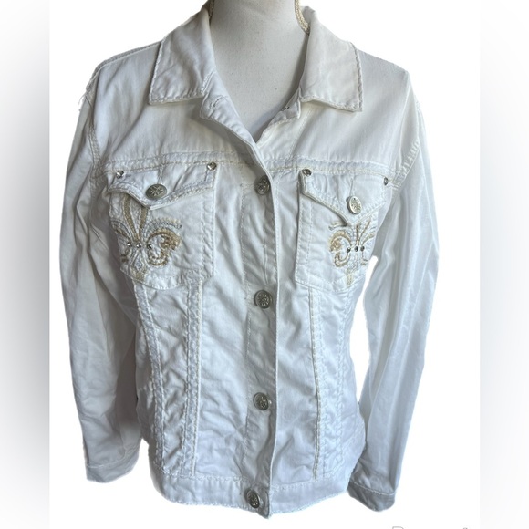 Ethyl White Denim Jean Jacket W/ Front Pockets Rhinestone Accents/Buttons - Picture 1 of 5